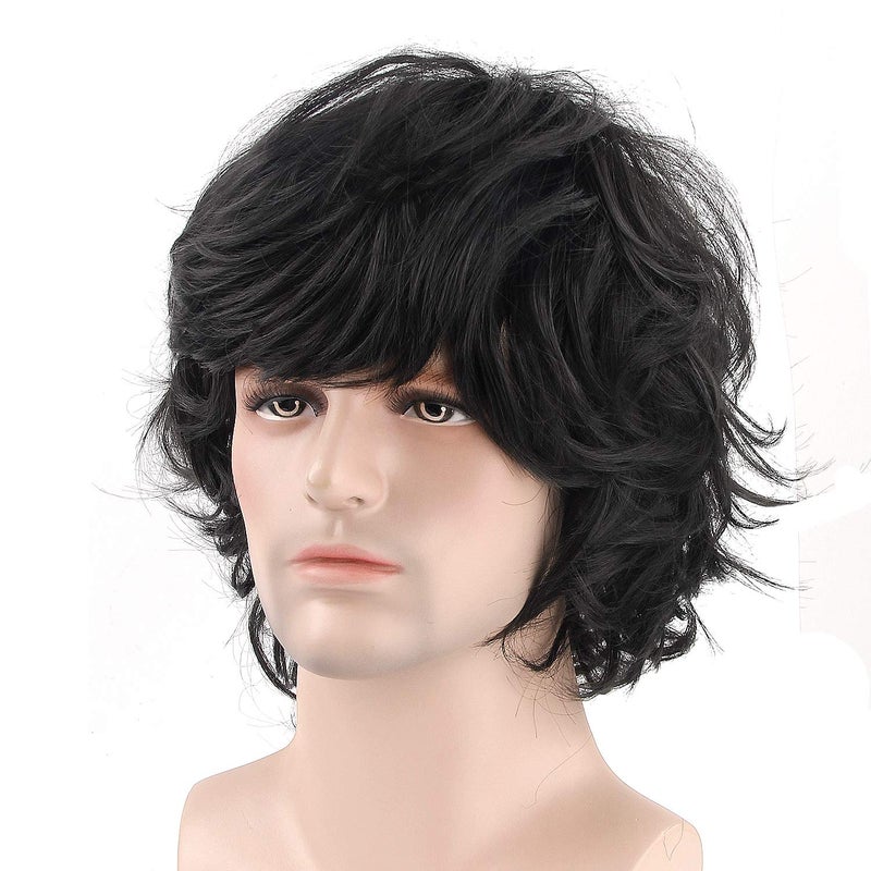 Acecharming Men Black Wig, Short Wavy Shaggy Style Layered Wig for Halloween Costumes Cosplay with Wig Cap - Image 1